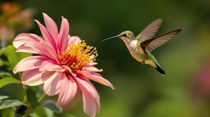 Fototapeta premium Hummingbird near a pink dahlia - a vivid macro photo of a bird drinking nectar in a garden