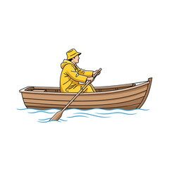 A person in a yellow raincoat rowing a wooden boat across gentle blue waves of water