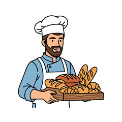 Cheerful baker displaying a variety of freshly baked bread and pastries in his hands