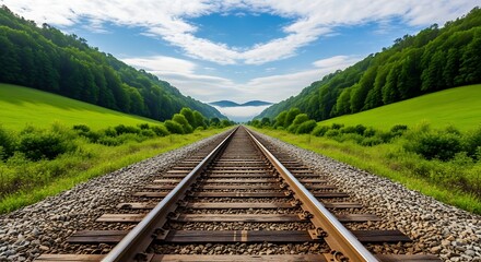 Fototapeta premium Breathtaking Railway Tracks Scenic Imagery Through Lush Green Landscapes Under Vibrant Skies, Ideal for Travel, Adventure, Nature, and Transportation Themes in Commercial Projects