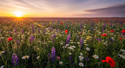 Breathtaking Sunrise Over Vibrant Wildflower Field with Majestic Poppies and Lupines Illuminated by Golden Rays, Perfect for Nature Enthusiasts, Travel Blogs, and Spring Season Promotions