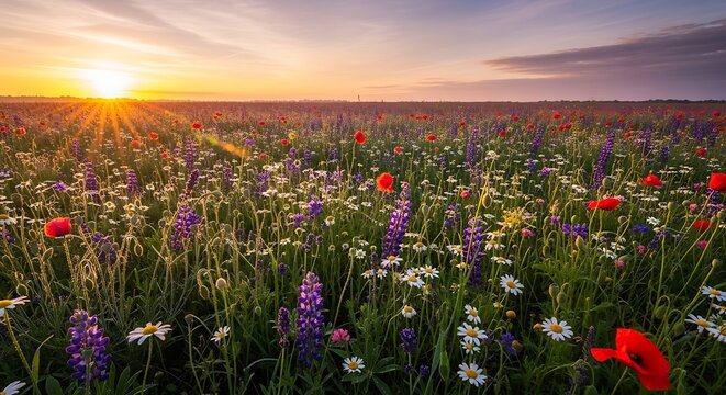 Breathtaking Sunrise Over Vibrant Wildflower Field with Majestic Poppies and Lupines Illuminated by Golden Rays, Perfect for Nature Enthusiasts, Travel Blogs, and Spring Season Promotions