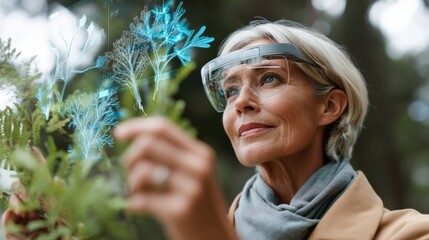 Exploring nature with augmented reality engaging elderly woman in forest educational content tech environment close-up view