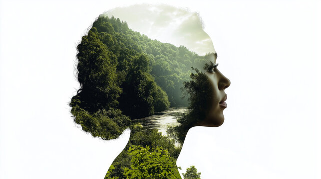 Double exposure silhouettes with peaceful nature landscapes. Concept of mental health, inner peace, mindfulness, connection with nature, self-care, and psychology.