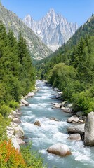 A stunning view of a crystal-clear river winding through lush green forests, framed by majestic...