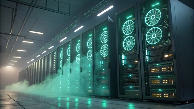 Advanced server room with glowing fans and cooling mist, representing modern technology and data processing. - Powered by Adobe