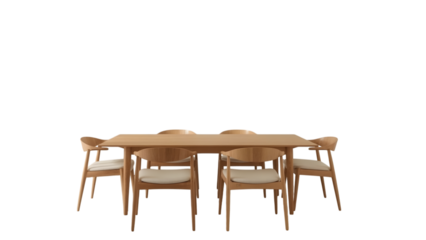 Dining Set in Sunlight: A sophisticated dining set, meticulously crafted from light wood, stands poised, ready to enhance any home. The sunlit ambiance amplifies its warmth and elegance. 