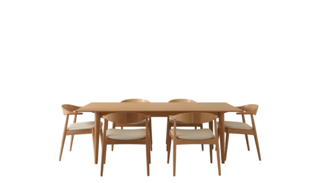 Dining Set in Sunlight: A sophisticated dining set, meticulously crafted from light wood, stands poised, ready to enhance any home. The sunlit ambiance amplifies its warmth and elegance. 