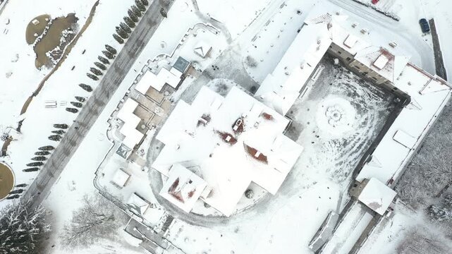Cantacuzino Castle From Above Snowy In Winter. Romania.