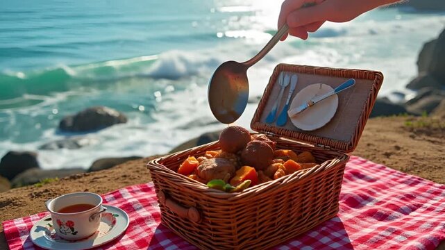 Someone spooning Osso Buco onto risotto outdoors, seagulls flying in the distance, ocean waves shimmering in the afternoon sun