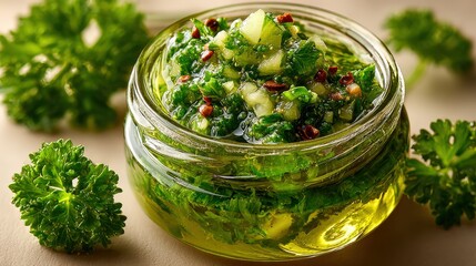 Fresh parsley and garlic flavors blend in vibrant emerald chimichurri sauce