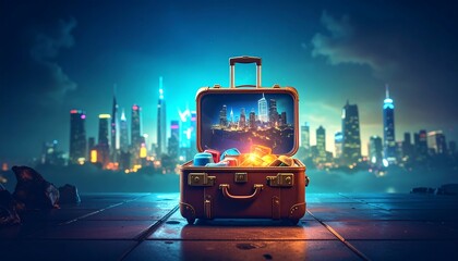 Open vintage suitcase revealing city skyline at night