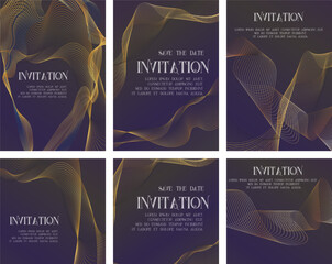 Premium golden invitation card background big set,  geometric wave gold line gradient frame typography design. Elegant Template for advertising, gala card, grand opening, party invitation, layout.