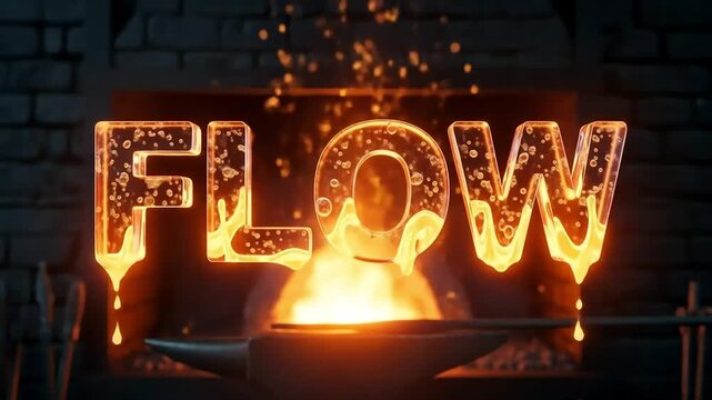 Glowing "FLOW" text in fiery hues hovers above an anvil in a blacksmith's forge with a brick backdrop and warm lighting