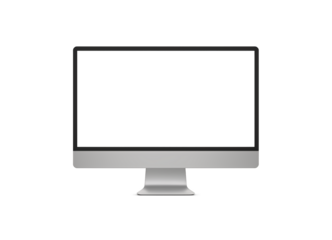Modern silver all in one computer with a sleek design and blank black screen isolated on transparent background