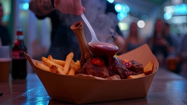 a chef in a street food stall ladling Osso Buco into a biodegradable bowl, steam rising into the cool night air, neon reflections dancing on the sauce