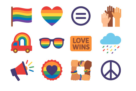 Diverse lgbtq+ symbols: pride flag, heart, hands, rainbow, peace sign, love wins, equal sign - Powered by Adobe