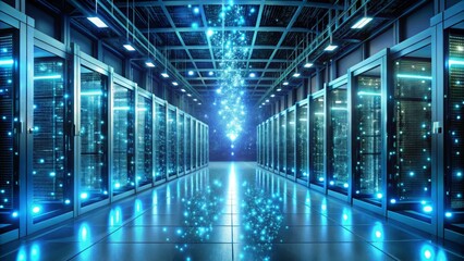 Dynamic data flow illuminates modern server room with glowing blue energy and reflections