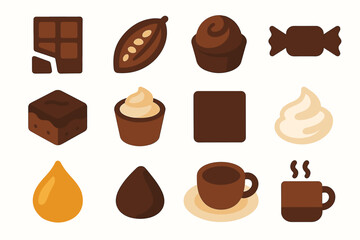 Assorted chocolate icons: bars, cups, beans, and candy delights