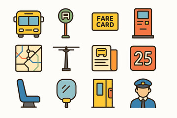 Transit icons: bus, fare, map, conductor, and more in simplified design
