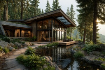 Stunning wooden cabin surrounded by lush trees and serene water in forest setting