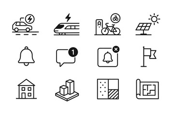 Electric transport and urban planning icons: cars, trains, bicycles, solar panels, notifications, buildings, and maps