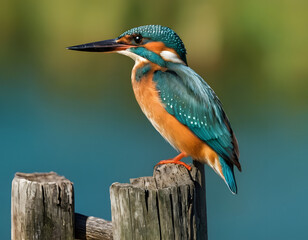 Fototapeta premium kingfisher on the branch background., Vibrant Kingfisher Perched on a Wooden Post by Water