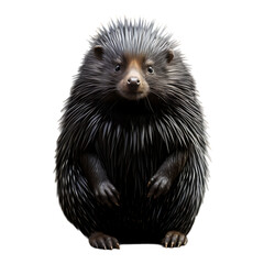 Fototapeta premium A frontal view of a dark colored porcupine standing upright on a black background looking forward png cutout isolated on transparent backdrop | PNG Cutout Isolated on Transparent Backdrop
