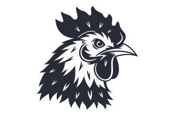 Striking Rooster Head Detailed Dark Feathers on White Background