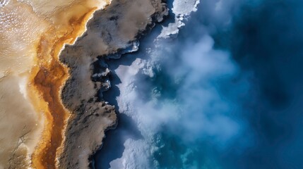Striking Aerial View of Geothermal Hot Spring with Vibrant Mineral Deposits and Billowing Steam Over Deep Blue Water