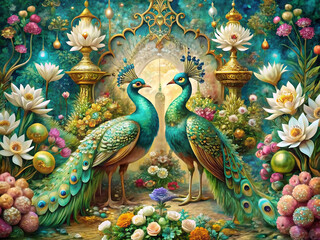 Two peacocks in a garden with flowers, vintage style illustration © MRS Shopna