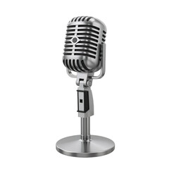 Fototapeta premium A classic vintage-style microphone stands elegantly against a white background. Its sleek metallic design evokes nostalgia, professionalism, and the timeless art of performance