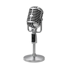 Fototapeta premium A classic vintage-style microphone stands elegantly against a white background. Its sleek metallic design evokes nostalgia, professionalism, and the timeless art of performance