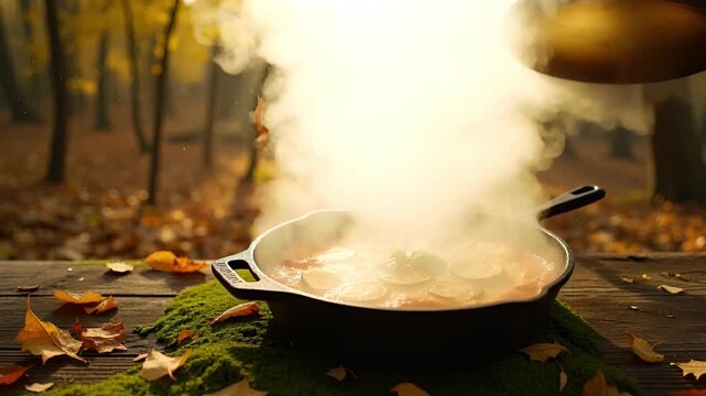 steam rising dramatically as the skillet lid is lifted, revealing the bubbling Parmigiana, with falling leaves drifting in the background