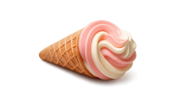 Delicious swirled strawberry and vanilla soft serve ice cream cone with a crispy waffle isolated on transparent background