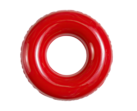 A bright red, circular inflatable ring, isolated against a black background.  Its smooth surface displays subtle variations in shading, giving it a three-dimensional appearance.