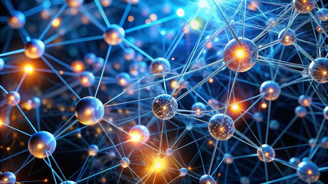 Dynamic network connections with glowing nodes represent scientific innovation and abstract data flow.
