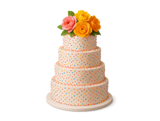Elegant four tier wedding cake adorned with delicate polka dots and vibrant realistic roses isolated on transparent background
