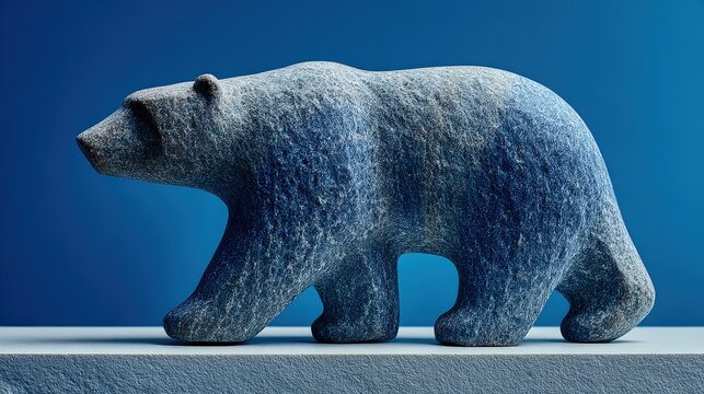 Inuit soapstone polar bear carving on a sleek slate podium with icy backdrop