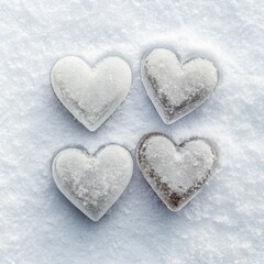 Four heart shaped objects covered in snow arranged in a square on a snowy white background