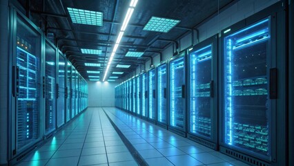 Illuminated server racks hum with digital power in a modern data center corridor