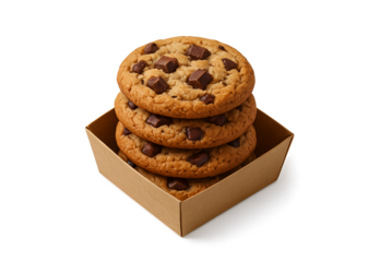 A stack of three delicious chocolate chip cookies sits in a small square cardboard container isolated on transparent background