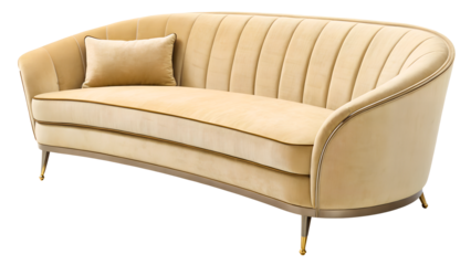 Isolated png beige curved velvet luxury designer sofa, transparent background	
