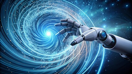 Robotic hand reaching into a swirling vortex of blue energy and stars, symbolizing innovation and future.