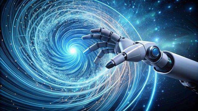 Robotic hand reaching into a swirling vortex of blue energy and stars, symbolizing innovation and future.