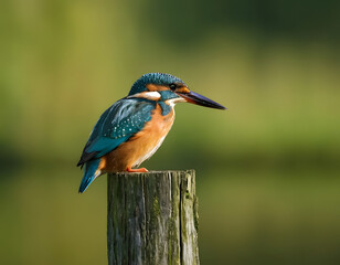 Obraz premium kingfisher on the branch background., Vibrant Kingfisher Perched on a Wooden Post by Water