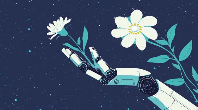 Futuristic flat vector illustration of a robotic hand reaching forward, clean minimal design, perfect for technology, AI, and innovation concepts.
