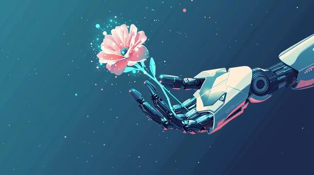 Futuristic flat vector illustration of a robotic hand reaching forward, clean minimal design, perfect for technology, AI, and innovation concepts.
