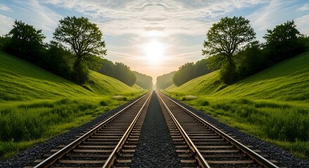 Obraz premium Majestic Sunrise Over Tranquil Railway Tracks: A Serene Landscape with Lush Greenery and Vibrant Sky Perfect for Travel, Adventure, or Nature-Themed Projects and Advertisements