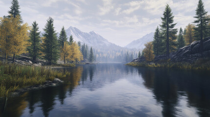 Lakes and Rivers Features: Mirror-like water, surrounding mountains or forests 